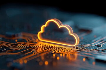Glowing cloud-shaped icon atop an intricate circuit board, symbolizing technology and data