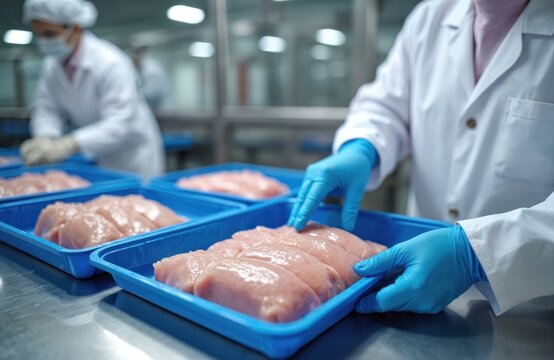 Meat factory workers pack poultry breasts in trays. Staff in coats use gloves at meat production line. Modern food industrial manufacture process. Food industry provides safety, health standards.