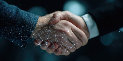 Close-up of a handshake with digital connections overlayed, representing a business deal