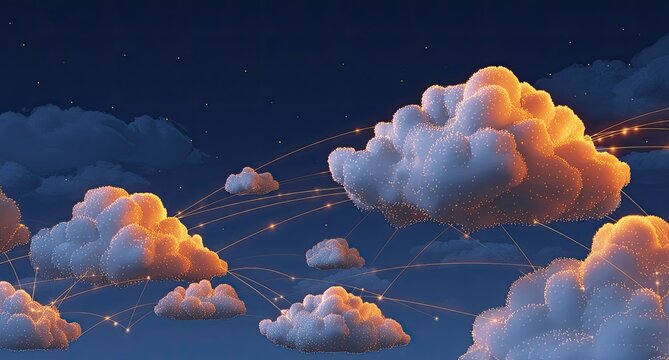 Glowing clouds interconnected with particles floating against a gradient sky