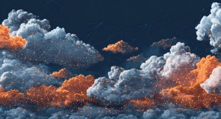 Digital rendering depicts stylized clouds in shades of orange, white, & blue, connected by lines
