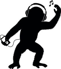Naklejka premium Dancing monkey silhouette with headphones and music notes