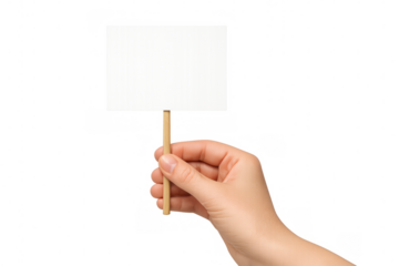 Hand holding a small blank white protest sign on a wooden stick mockup. Isolated on transparent background, png
