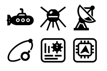Marine and Space Icons. Marine and Space Autonomy silhouette icon set: autonomous submarine, space probe, satellite dish, trajectory path, control hub, AI navigation system