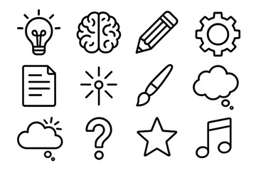 Creative Icons Outline. Creative thinking linear icon set: light bulb, brain, pencil, gear, paper, spark, paintbrush, thought bubble, idea cloud, question mark, star, note