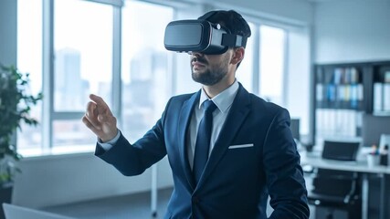 Businessman in virtual reality headset interacting with augmented reality in modern office. - Powered by Adobe