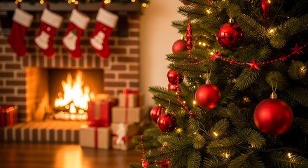 Cozy christmas eve scene with fireplace tree and stockings hanging