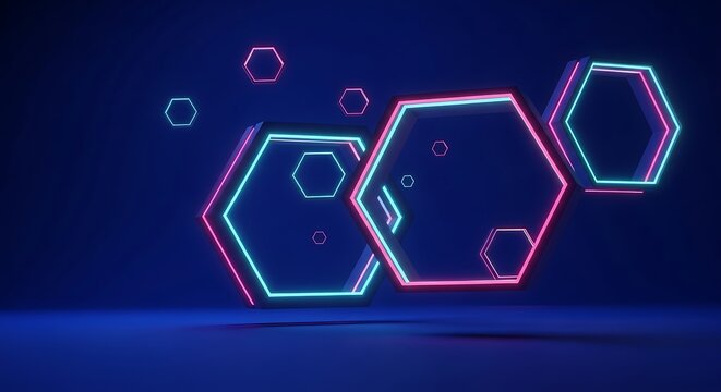 Cyberpunk Hexagons with Vibrant Neon Glow in a Futuristic Arrangement - Powered by Adobe