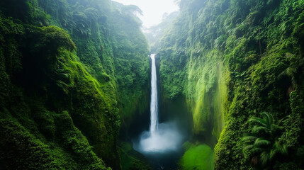 Majestic Tropical Waterfall Cascading Through Lush Green Jungle