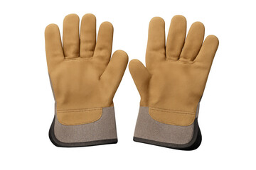 Pair of tan leather work gloves offering hand protection for construction, industry, and diy projects, transparent background