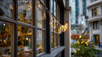 String of warm outdoor Edison bulbs hangs by a window reflecting city lights