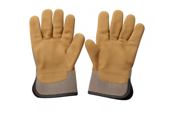 Pair of tan leather work gloves offering hand protection for construction, industry, and diy projects, transparent background