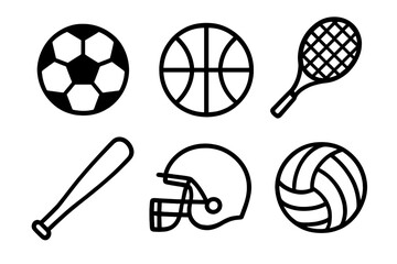Sports Equipment Icons. Sports Set linear icon set: soccer ball, basketball, tennis racket, baseball bat, football helmet, volleyball