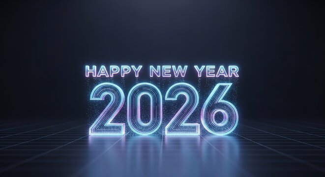 Happy new year 2026 digital neon glow graphic display