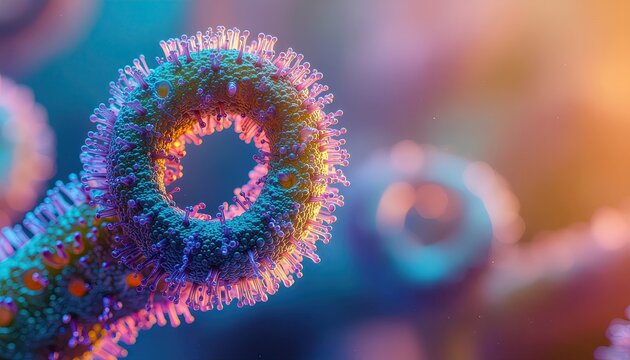 Abstract Close Up Of A Microscopic Virus Particle With Textured Surface In Blue And Orange Lighting With Shallow Depth Of Field