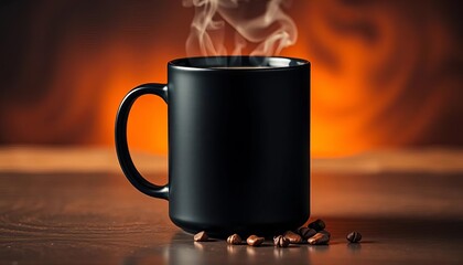Sleek, matte black coffee mug, steaming hot beverage,  coffee time, dark