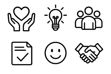 Servant Leadership Icons. Servant leadership style linear icon set. hands holding, heart, light bulb, group of people, document, smile icon.