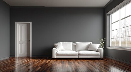 Modern interior featuring a white sofa, dark walls, a window, door, and hardwood floor