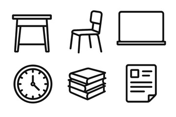 Stylized Classroom Icons. Classroom Set linear icon set: desk, chair, whiteboard, clock, stack of books, lesson sheet