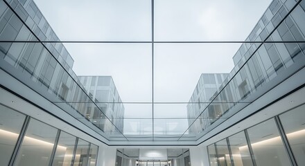 Modern architectural glass structure and urban skyward view, symmetrical design