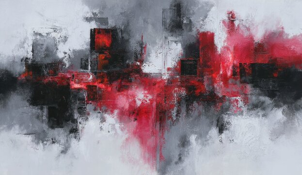 Abstract modern artwork with red, black, and gray color palette. Smeary style with square shapes