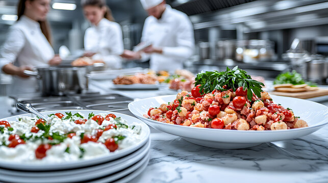 A vibrant kitchen scene showcasing a variety of fresh ingredients and prepared dishes, highlighting culinary artistry and food preparation