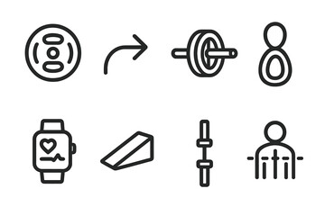 Gym Equipment Icons. Flexible Training Set linear icon set: modular weight plate, movement arrow, core wheel, grip loop, pace tracker, incline tile, motion bar, posture marker
