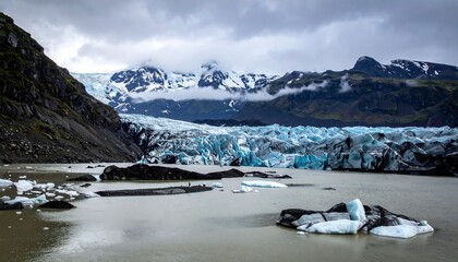 A breathtaking landscape with a glacier meeting a lake beneath snowy mountains and a cloudy sky. Icebergs float