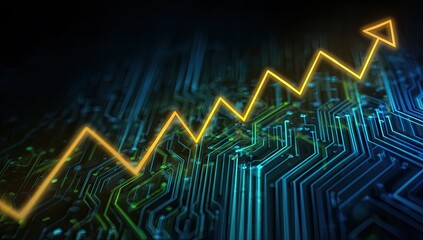 Glowing orange upward arrow superimposed over complex electronic circuit board design