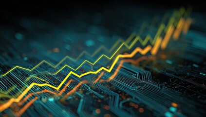 Glowing yellow and orange line graph rises over a circuit board with a turquoise background