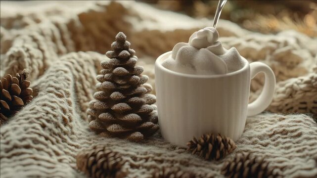Christmas seasonal hot beverage with peppermint and pine cones decoration.