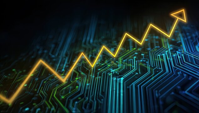 Glowing orange upward arrow superimposed over complex electronic circuit board design