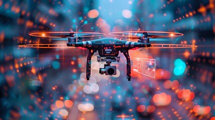 Modern drone flying in urban environment with camera, surrounded by bokeh lights and digital interface elements against blue-orange city backdrop.