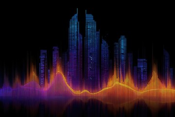 Modern city skyline silhouetted against a black background with sound wave visualization