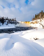 A breathtaking landscape with a majestic waterfall cascading into a dark river, surrounded by snow-covered banks and evergreen trees