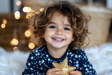 Naklejka premium Smiling child with curly hair holding golden star decoration against blurred holiday lights background, creating warm festive atmosphere.