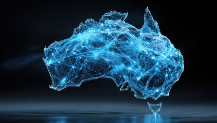 Glowing digital representation of Australian continent, network connections over dark background