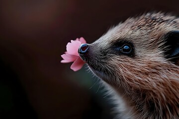 Adorable hedgehog with bright blue eyes sniffing delicate pink flower against dark background, creating charming wildlife moment.