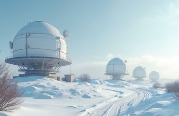 Obraz premium Satellite station domes stand in snowy winter expanse. Radio towers used for communication. Technology links earth to space through digital network. Engineering marvels supports telecom industry in