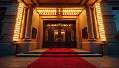 Historic theater entrance illuminates at night. Long red carpet extends towards grand ornate wooden doors, classic stone columns. Bright marquee lights adorn building facade. Prestigious cinema