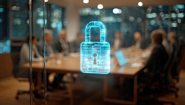 Glowing digital padlock overlaid on a blurry meeting scene in an office setting