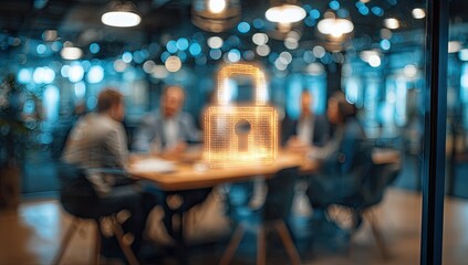 Blurred office scene with people in a meeting, featuring a glowing digital lock overlay