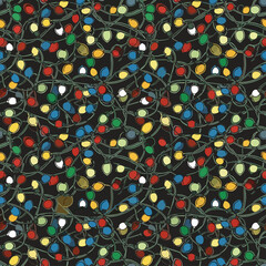 Seamless Pattern of Tangled Christmas String Lights on Black Background