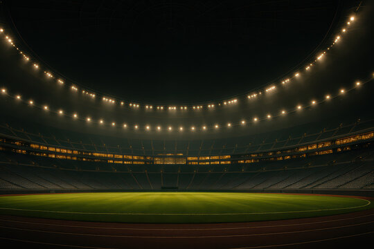 Empty sports stadium at night with illuminated field and seating area under bright floodlights creating dramatic and atmospheric scene