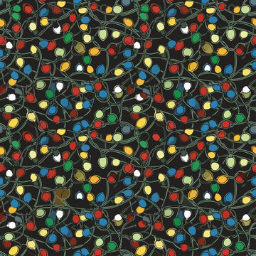 Seamless Pattern of Tangled Christmas String Lights on Black Background