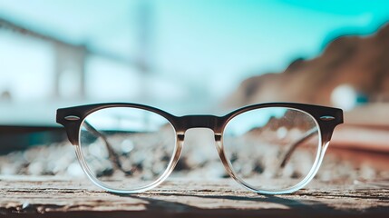 Stylish eyeglasses with black frames on wooden surface against blurred coastal background, perfect for vision care and fashion accessories.