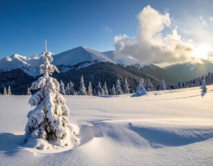 Snow Covered Fir Tree in Mountain Winter Landscape