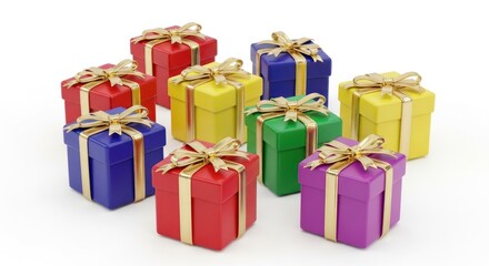 Fototapeta premium A collection of colorful gift boxes with ribbons and bows on a white background.