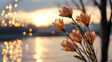 Delicate dried flowers silhouetted against golden sunset over water, creating atmospheric bokeh effect with warm light reflections.