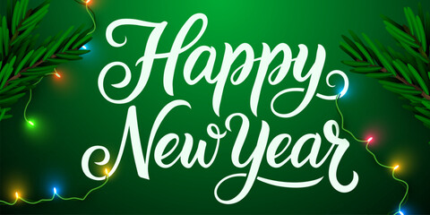Festive Happy New Year lettering on a vibrant green background, adorned with colorful Christmas lights and pine branches. This design is perfect for holiday greetings and celebrations.